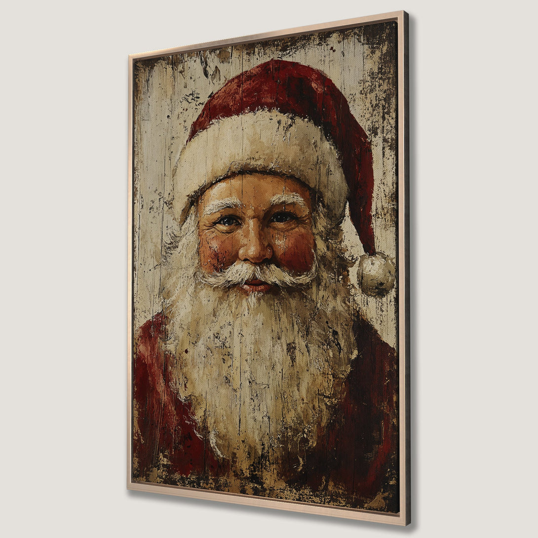 Framed Wall Art: Rustic Santa Claus portrait in red, white, and brown tones. Vintage style Canvas Print perfect for holiday decor and Christmas gifts.