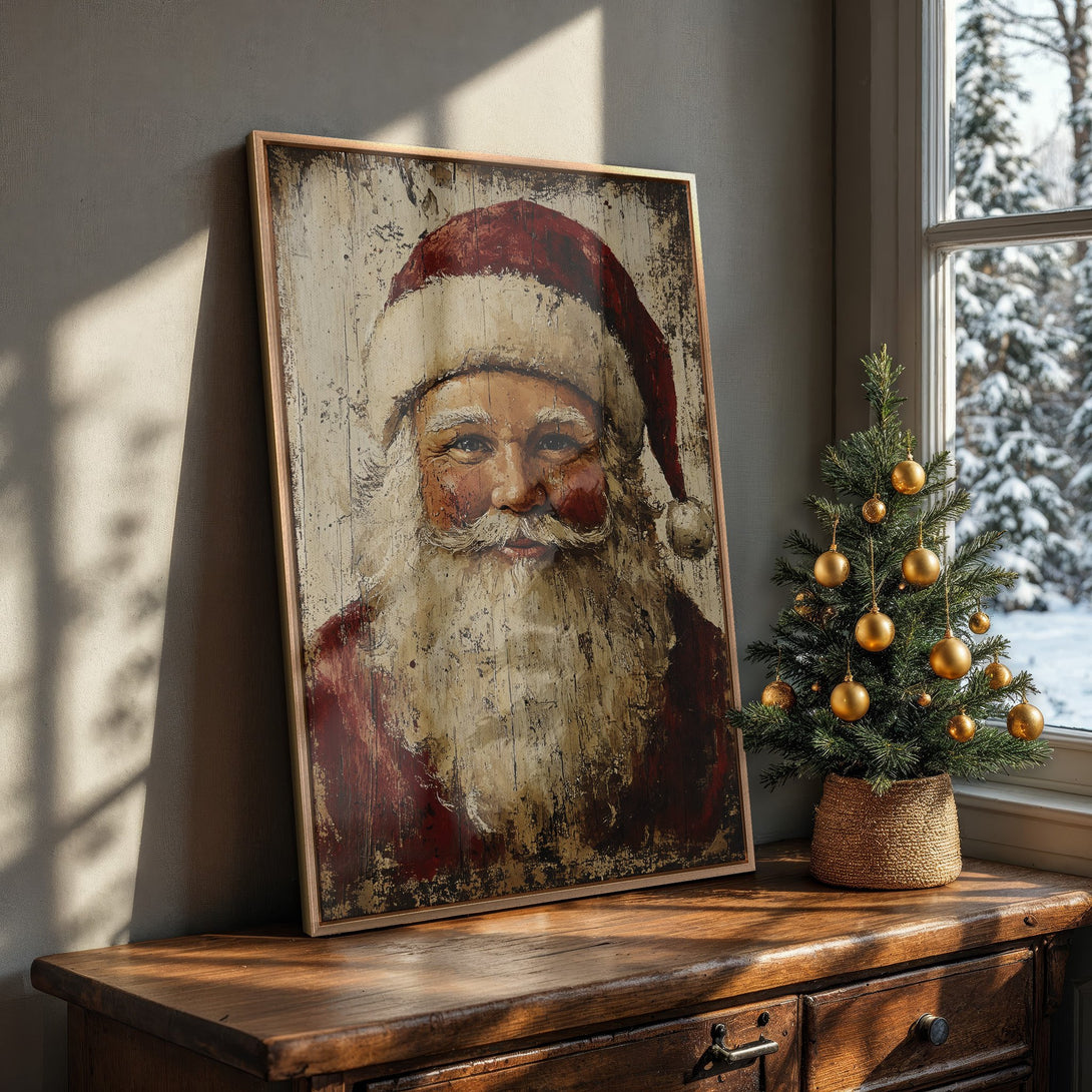 Framed Wall Art: Vintage Santa Claus portrait in rustic style. Warm red, beige, and brown color palette. Perfect Christmas decor for a cozy home.
