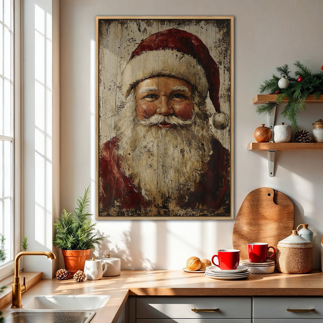 Framed Wall Art: Rustic Santa portrait in red and cream tones. Perfect Christmas decor for a cozy kitchen or living room. Shop now!