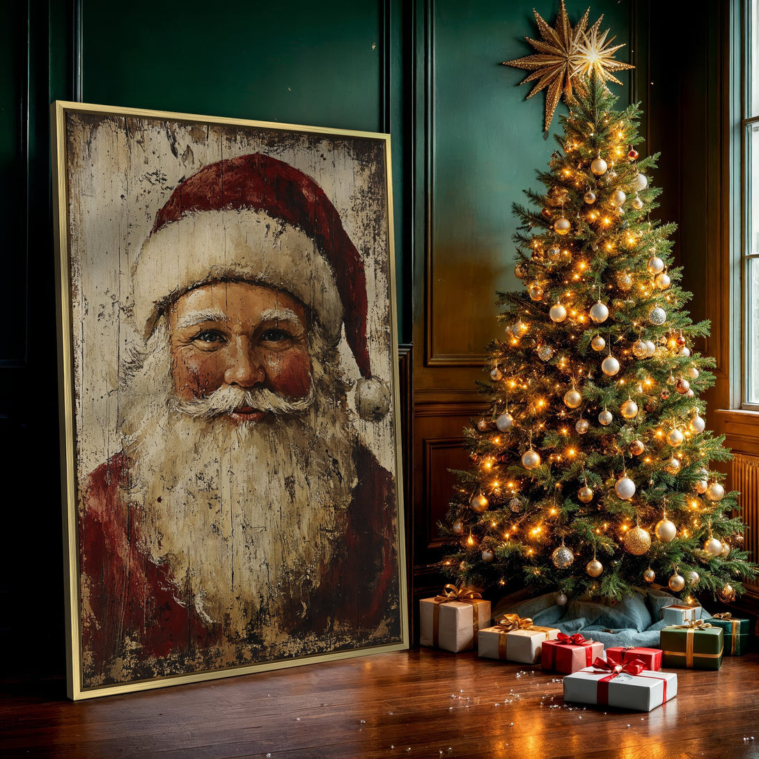 Canvas Print of Santa Claus portrait in rustic style, featuring red, beige, and white tones. Perfect Christmas wall art!