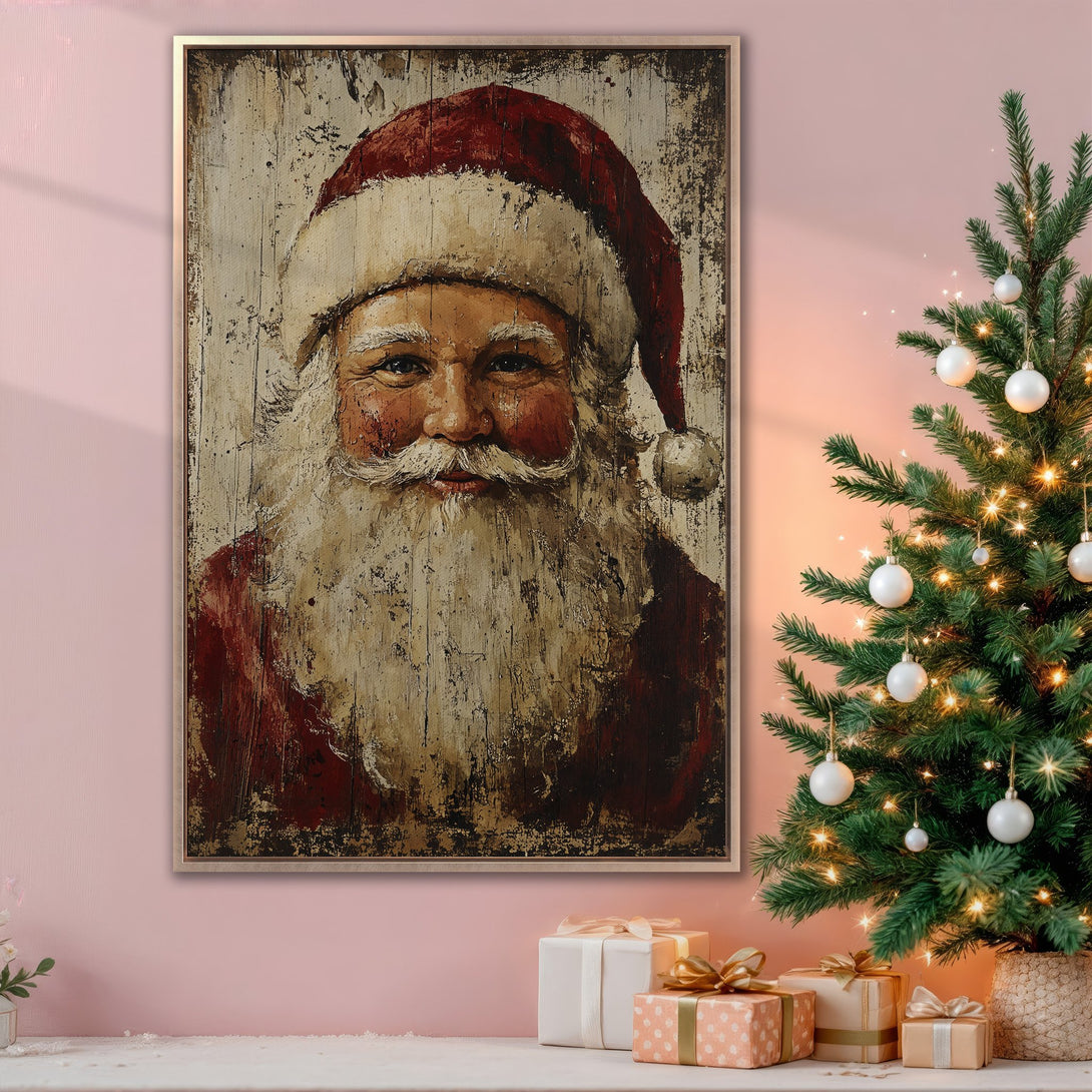 Framed Wall Art of Santa Claus in a vintage style with a red and cream color palette, perfect for Christmas decor.