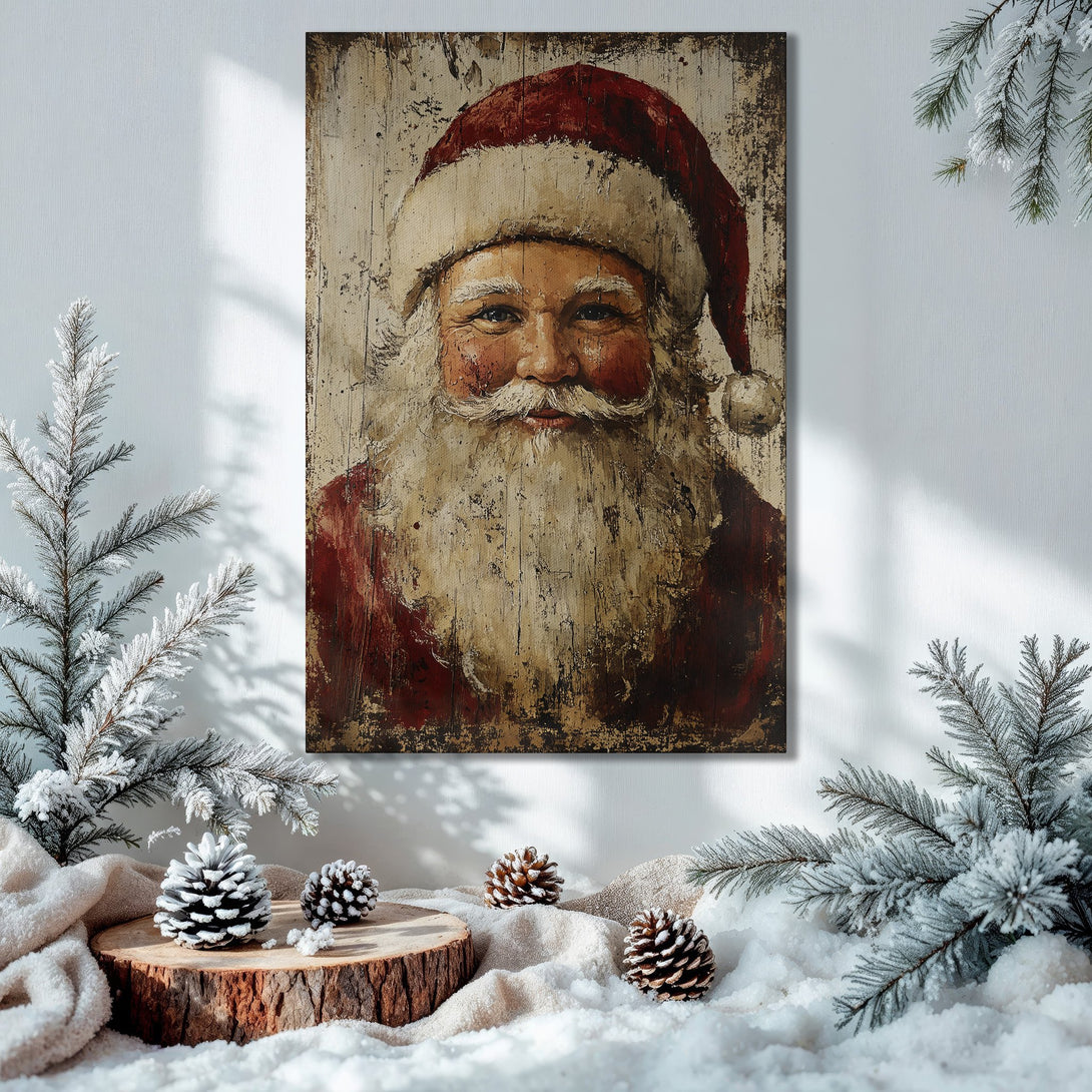 Framed Wall Art featuring Santa Claus, rustic style, warm red and cream tones. Perfect Christmas decor for your home!