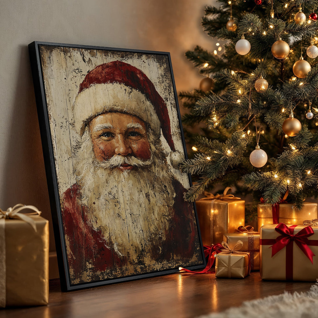 Framed Wall Art featuring Santa Claus in a rustic style, warm red & cream color palette. Perfect Christmas decor for a cozy holiday vibe.