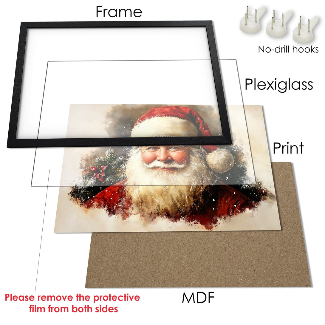 Framed Poster featuring Santa Claus art in a warm, watercolor style with a red and beige color palette, perfect for holiday decor.