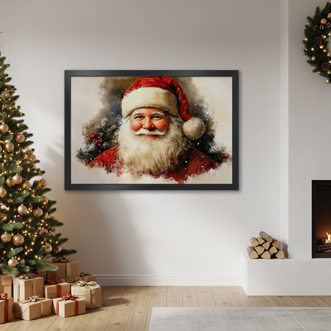 Framed Poster featuring Santa Claus in a painterly style, with a red, white, and neutral color palette. Perfect Christmas decor!