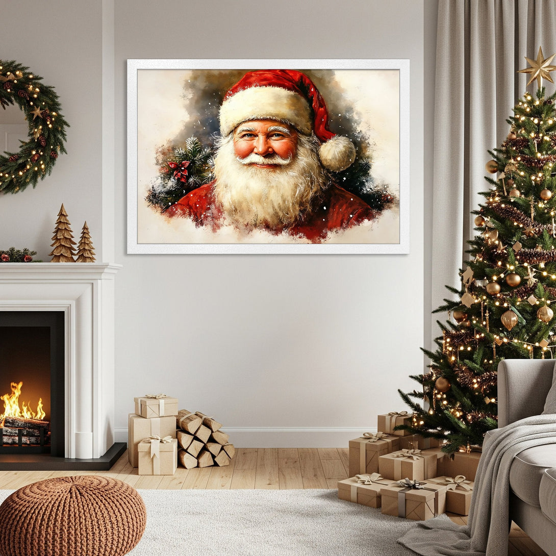 Framed Poster featuring Santa Claus in watercolor style, festive red and white color palette, perfect Christmas decor.