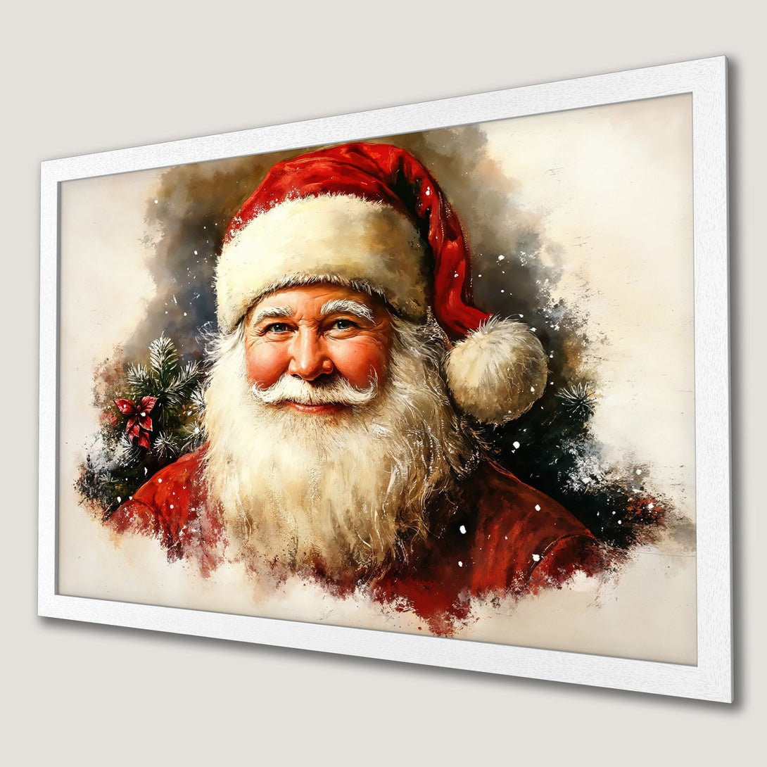 Framed Poster featuring Santa Claus in a painterly style with a red, white, and brown color palette. Perfect Christmas decor!