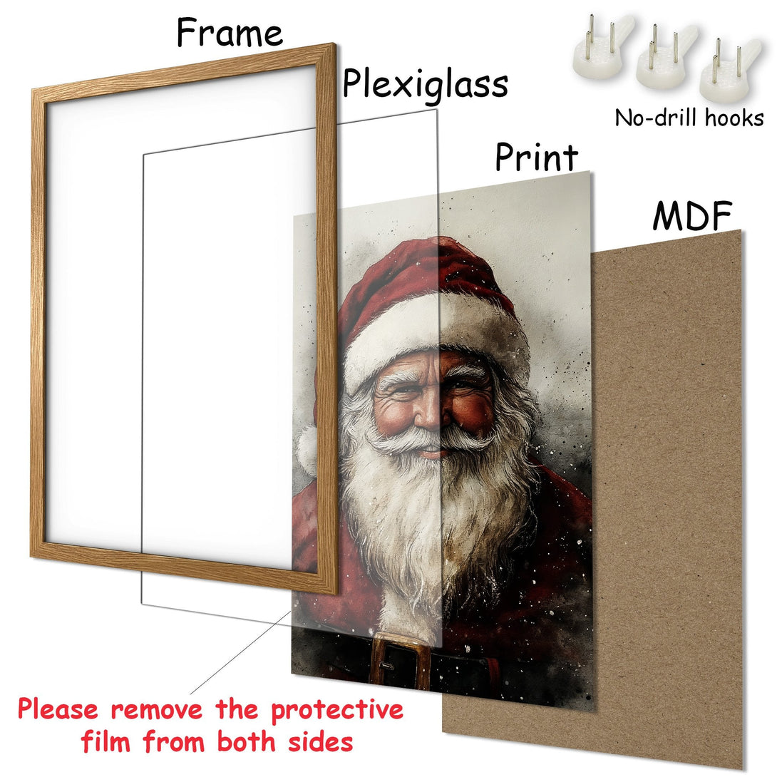 Framed Poster featuring Santa Claus watercolor art. Festive red and white color palette, perfect holiday decor. Easy to hang!