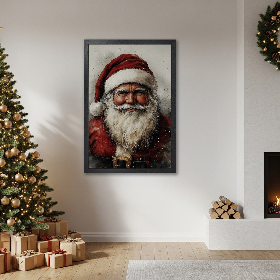 Framed Poster of Santa Claus in watercolor style, featuring red and white tones, perfect for Christmas decor.