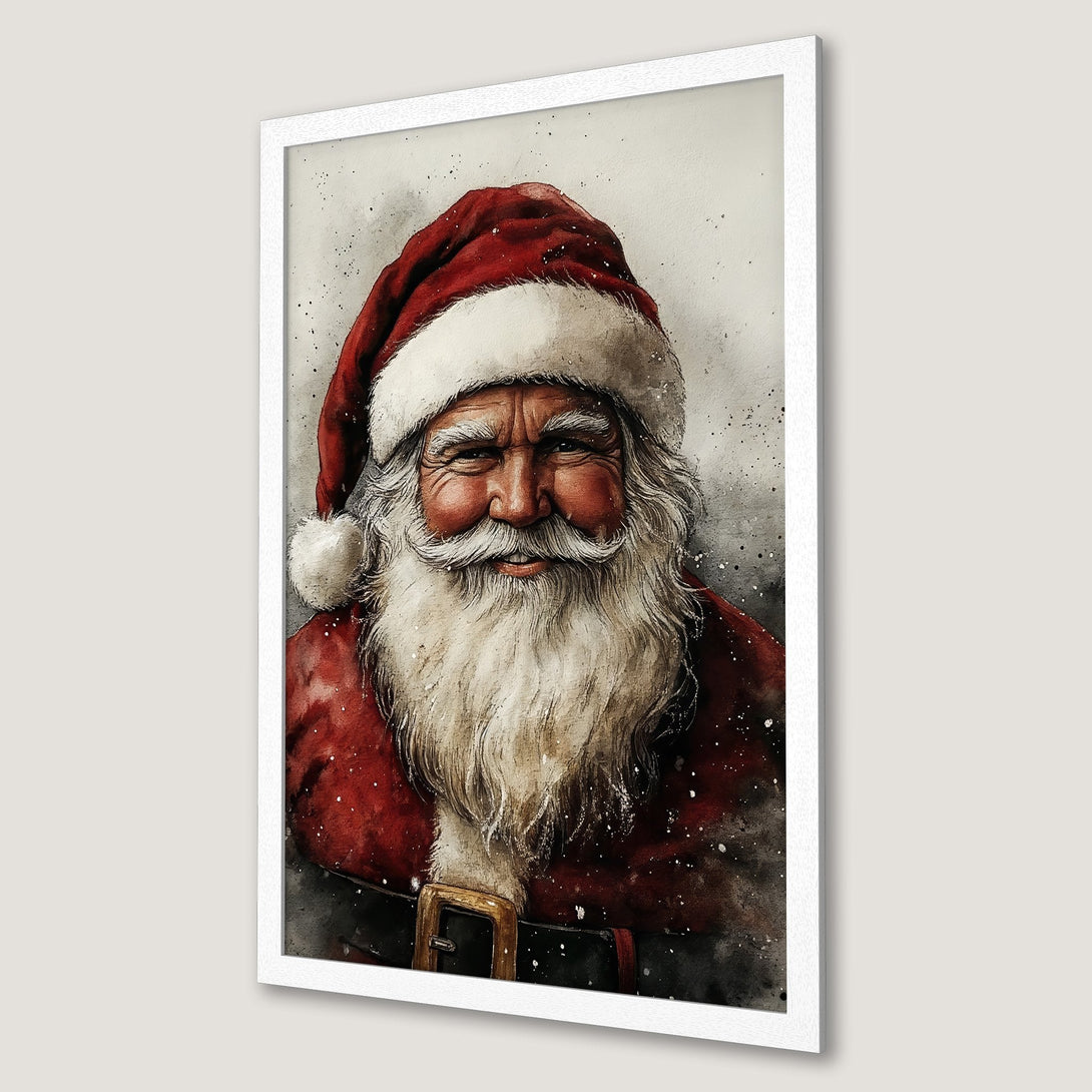 Framed Poster of Santa Claus watercolor art, red and white color palette, perfect Christmas decor.