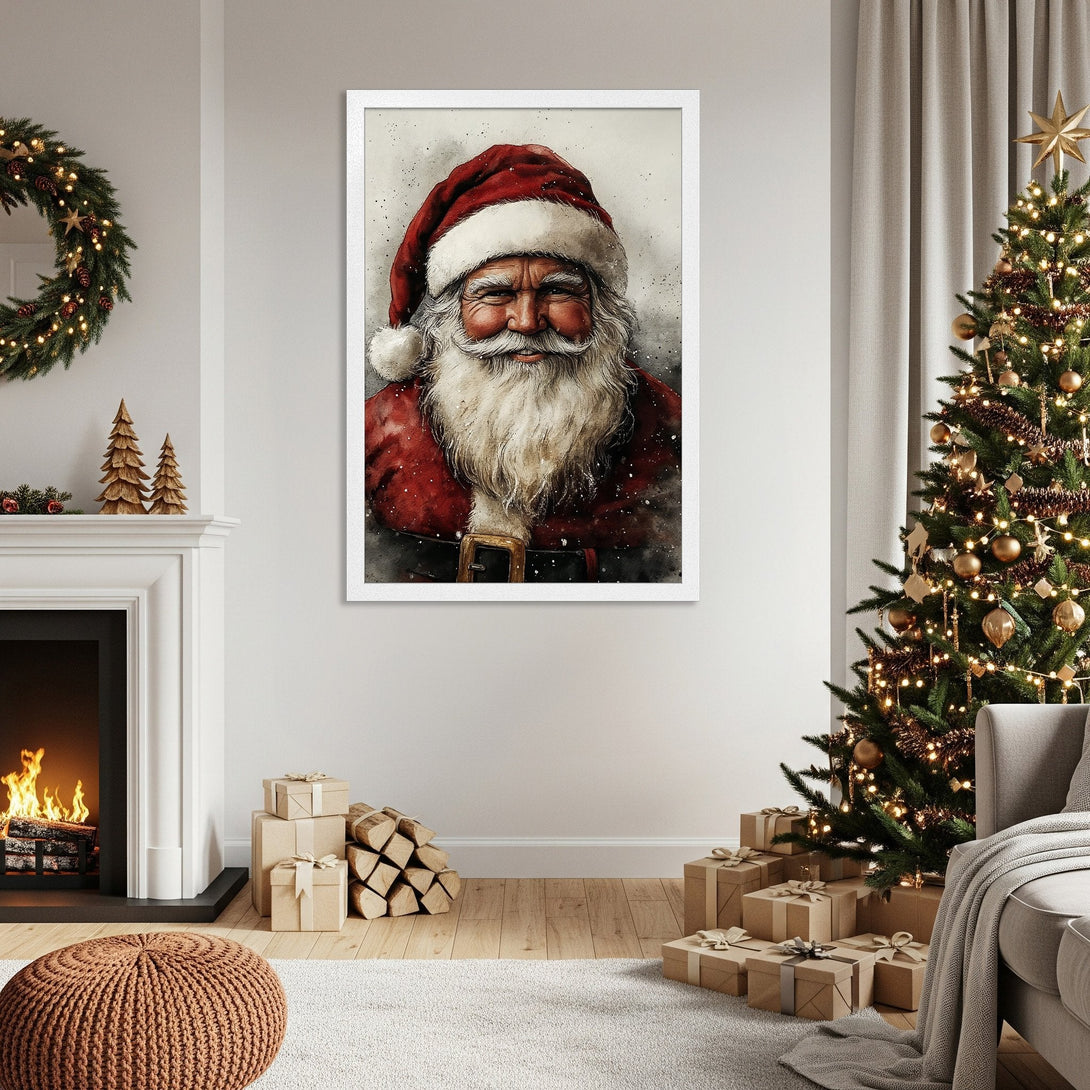 Framed Poster featuring Santa Claus in watercolor style, red and white palette, perfect Christmas decor.