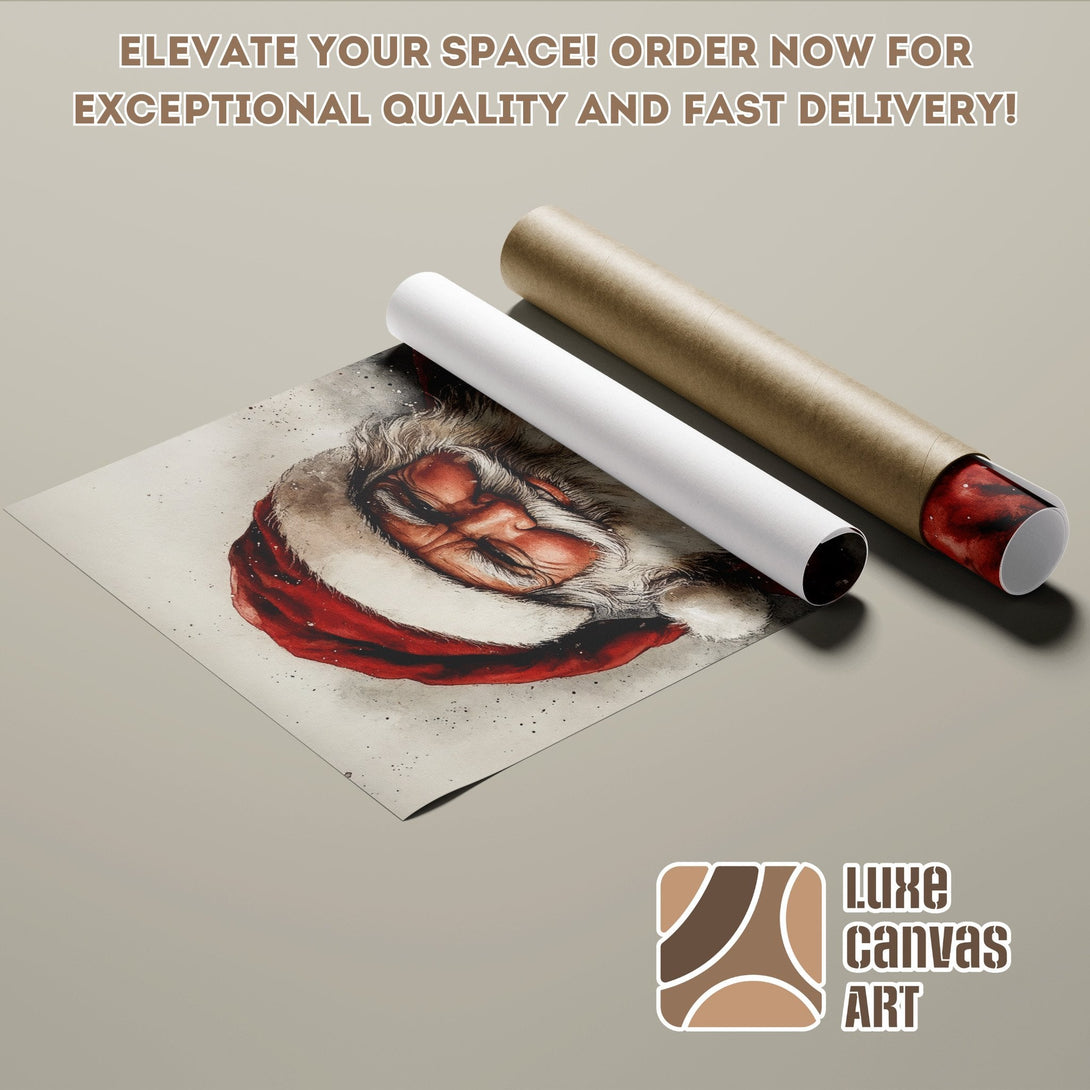 Santa Claus watercolor art poster roll. Warm color palette, perfect for Christmas decor. Order now!