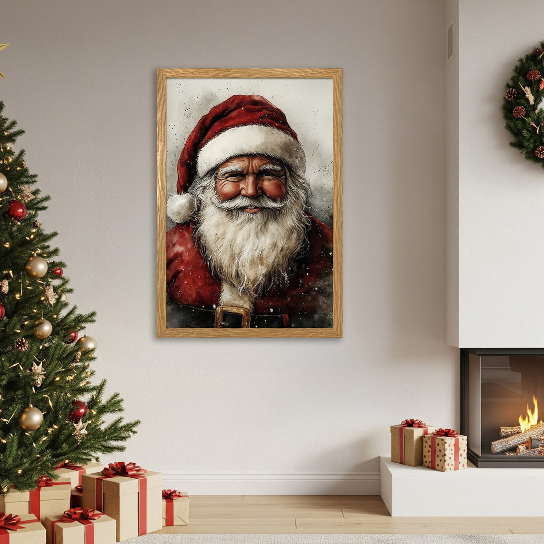Framed Poster featuring Santa Claus in watercolor style, rich red and warm tones, perfect Christmas decor.