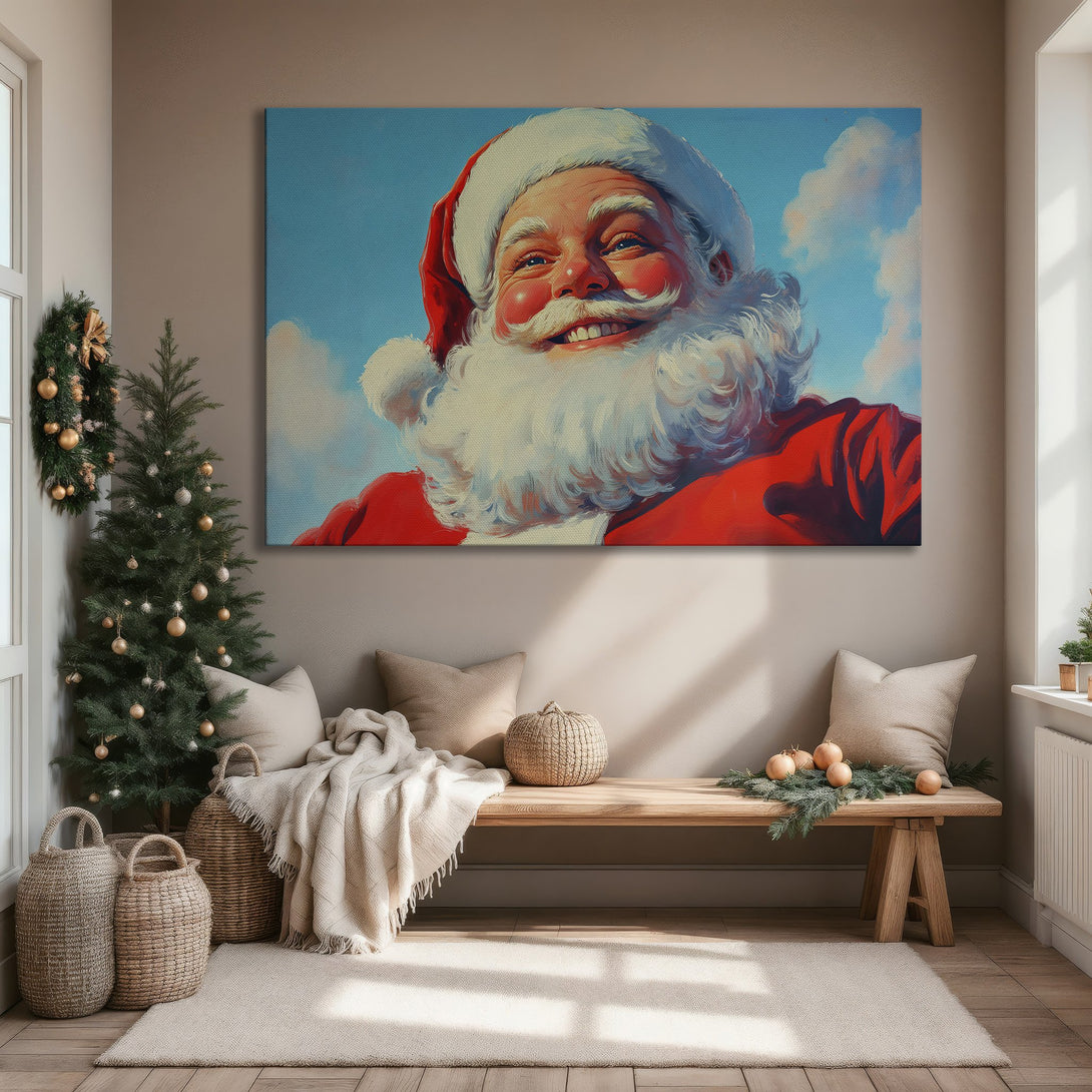 Framed Wall Art: Cheerful Santa Claus Canvas Print in a bright interior. Featuring a classic style, with a red, blue, and white color palette. Perfect Christmas decor!