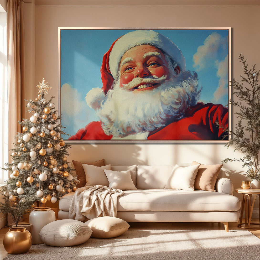 Framed Wall Art featuring Santa Claus smiling, displayed in a cozy interior. Festive red, blue, and white color palette. Perfect Christmas decor!