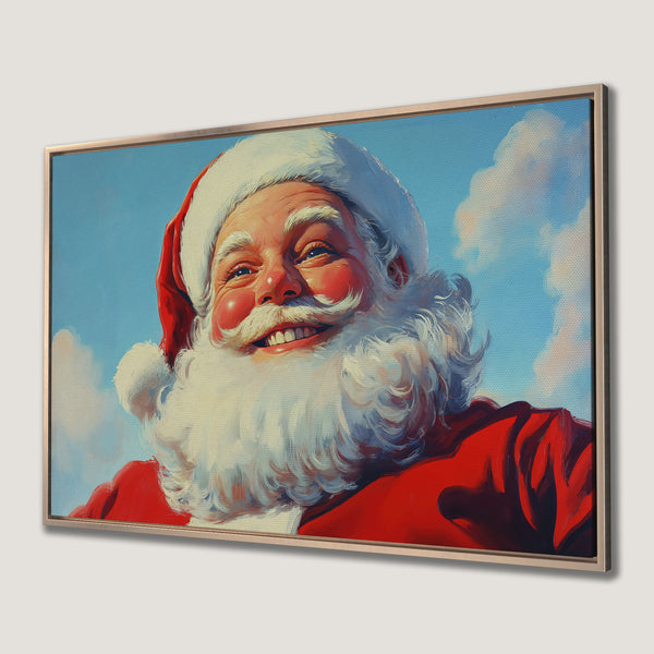 Framed Wall Art of Santa Claus smiling. Festive art with a red, white, and blue color palette. Perfect Christmas decor for your home.