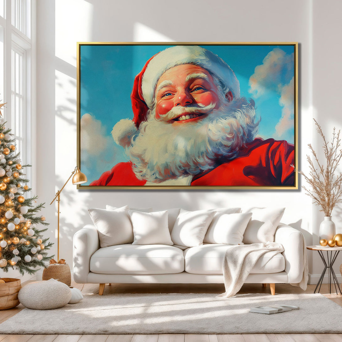 Canvas Print of Santa Claus smiling, vibrant red and blue palette, perfect for Christmas decor. Festive wall art for your home!