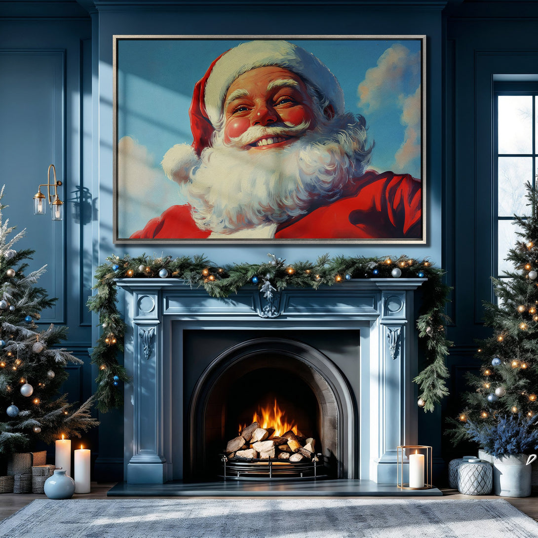 Framed Wall Art of Santa Claus smiling, vibrant red & blue color palette, festive Christmas decor. Add holiday cheer with this Canvas Print!