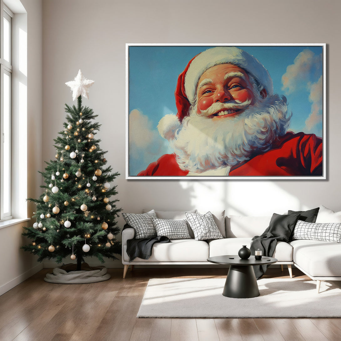 Framed Wall Art of Santa Claus smiling, vibrant red and blue color palette, displayed in a cozy living room setting, perfect for Christmas decor.