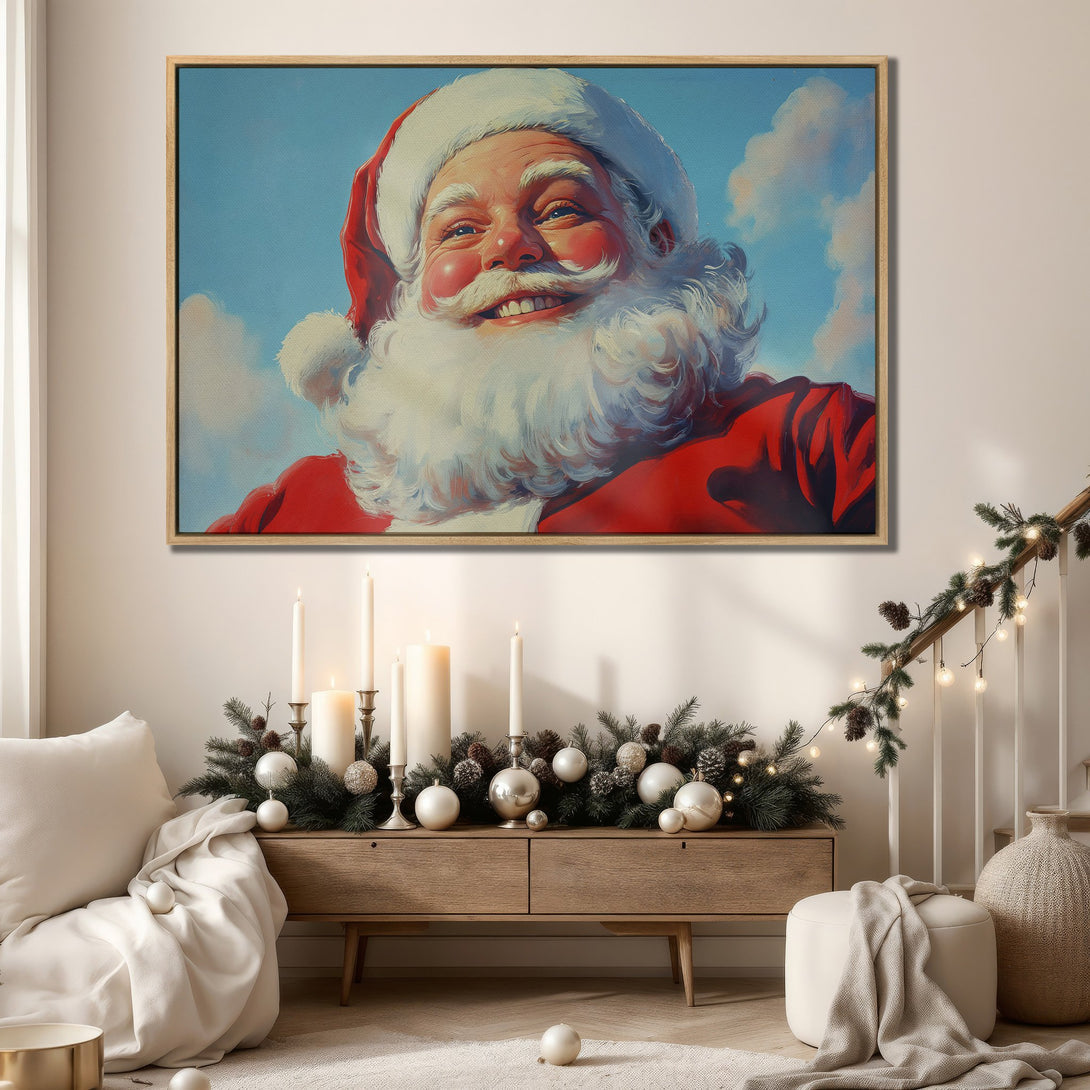 Framed Wall Art of Santa Claus smiling. Vintage style with a red, blue, and white color palette. Perfect Christmas decor for your home.