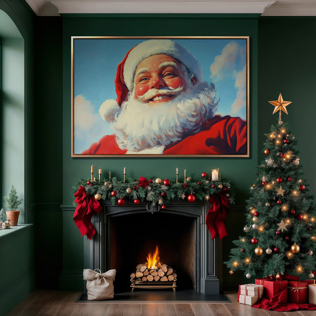 Framed Wall Art featuring Santa Claus, vintage style, displayed in a festive green interior. A perfect Christmas Canvas Print for your home!