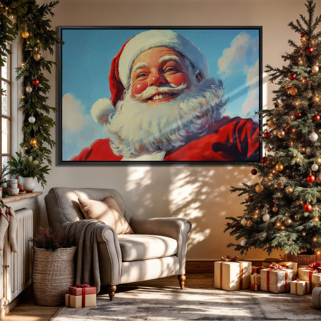 Framed Wall Art: Santa Claus portrait in a festive interior. Classic style with red, blue, and white color palette. Perfect Christmas decor!
