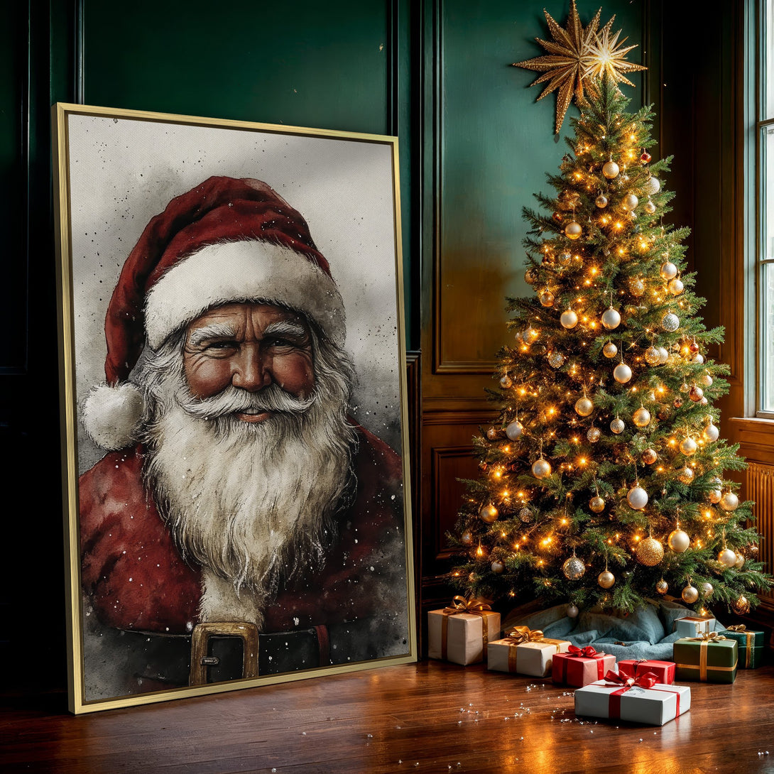 Watercolor Canvas Print of Santa Claus, festive red and white palette, perfect Christmas wall art.