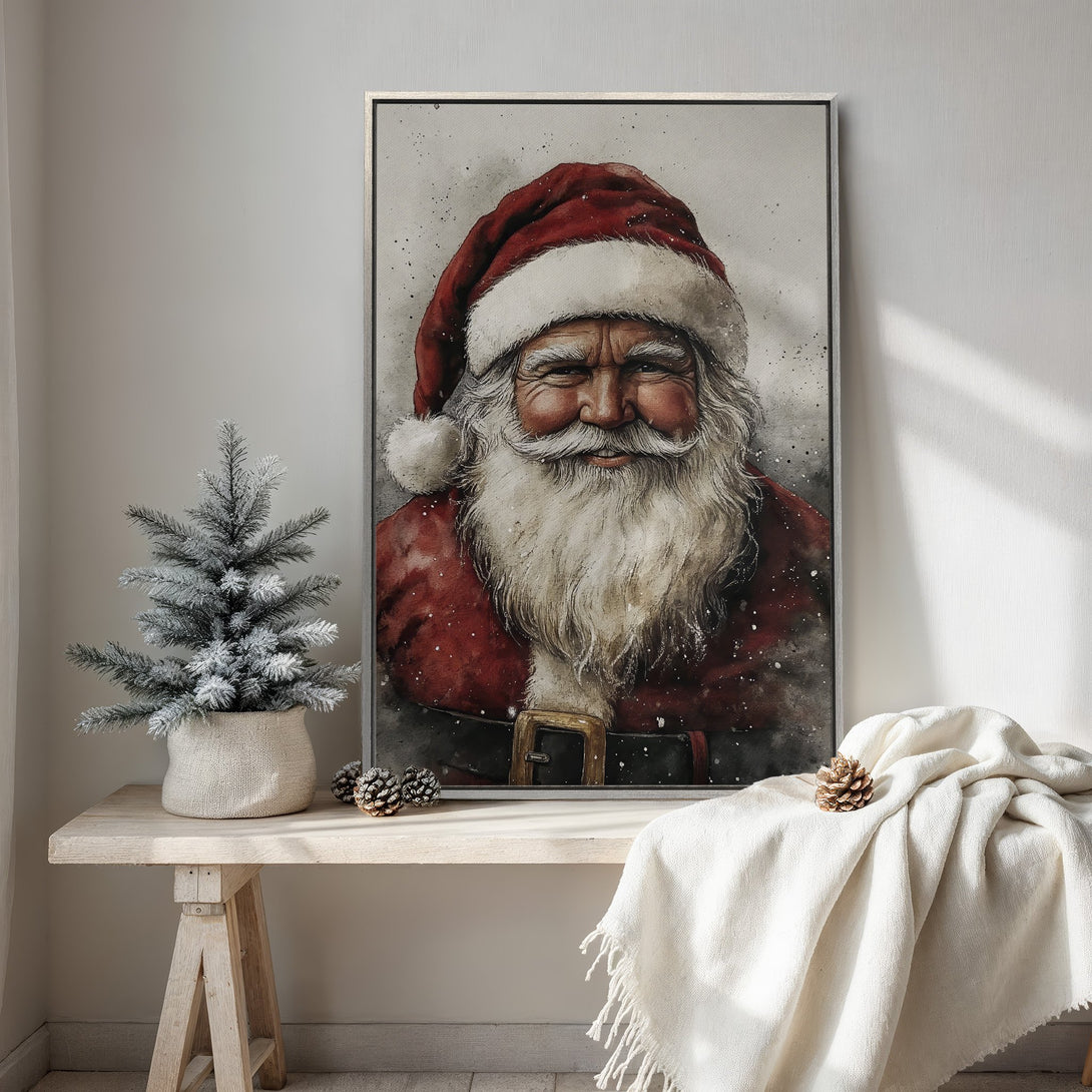 Framed Wall Art of Santa Claus, watercolor style, featuring a red and white color palette, perfect for Christmas decor.