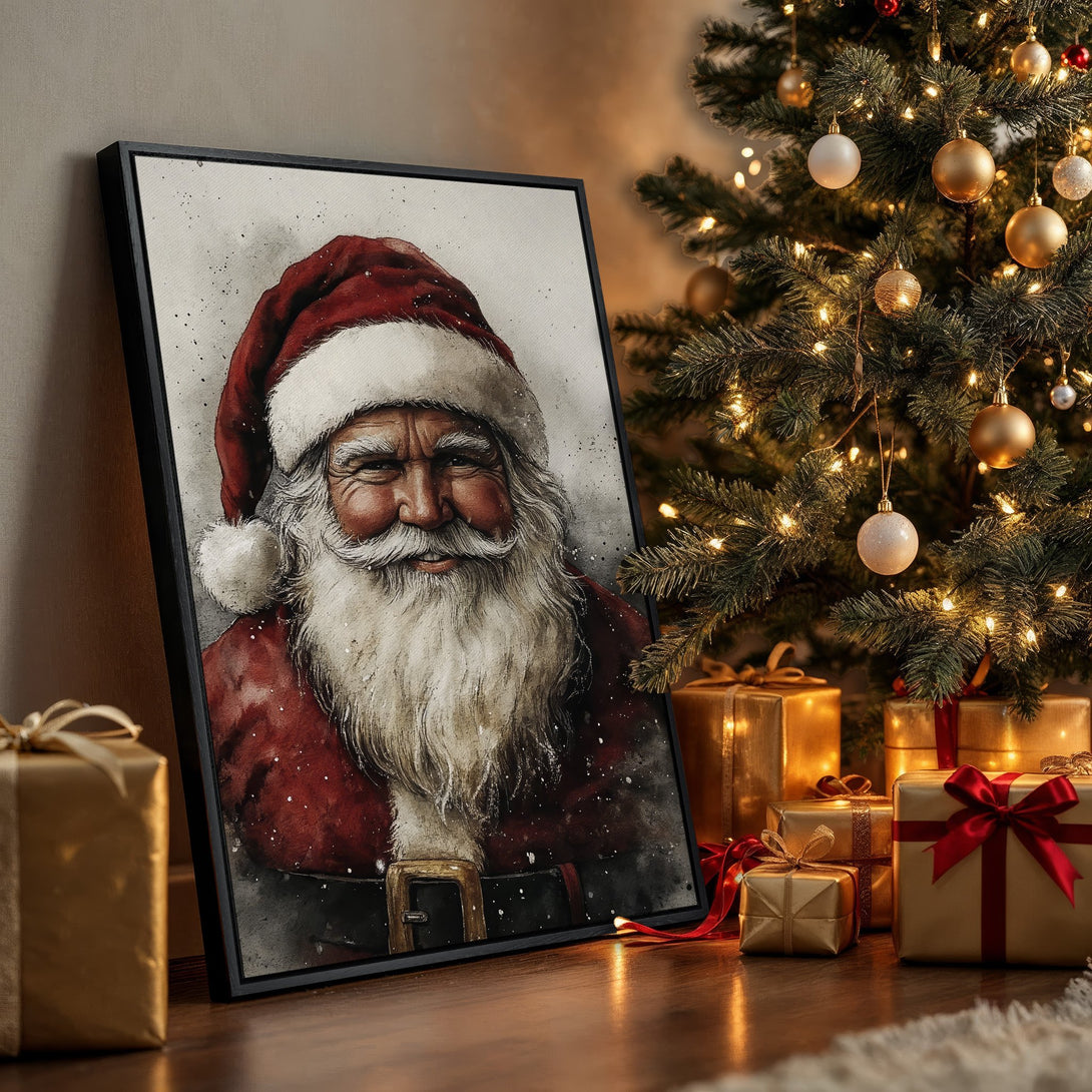 Framed Wall Art: Watercolor Santa Claus portrait in red and white, leaning against a wall. Festive Christmas decor with gold and warm tones.