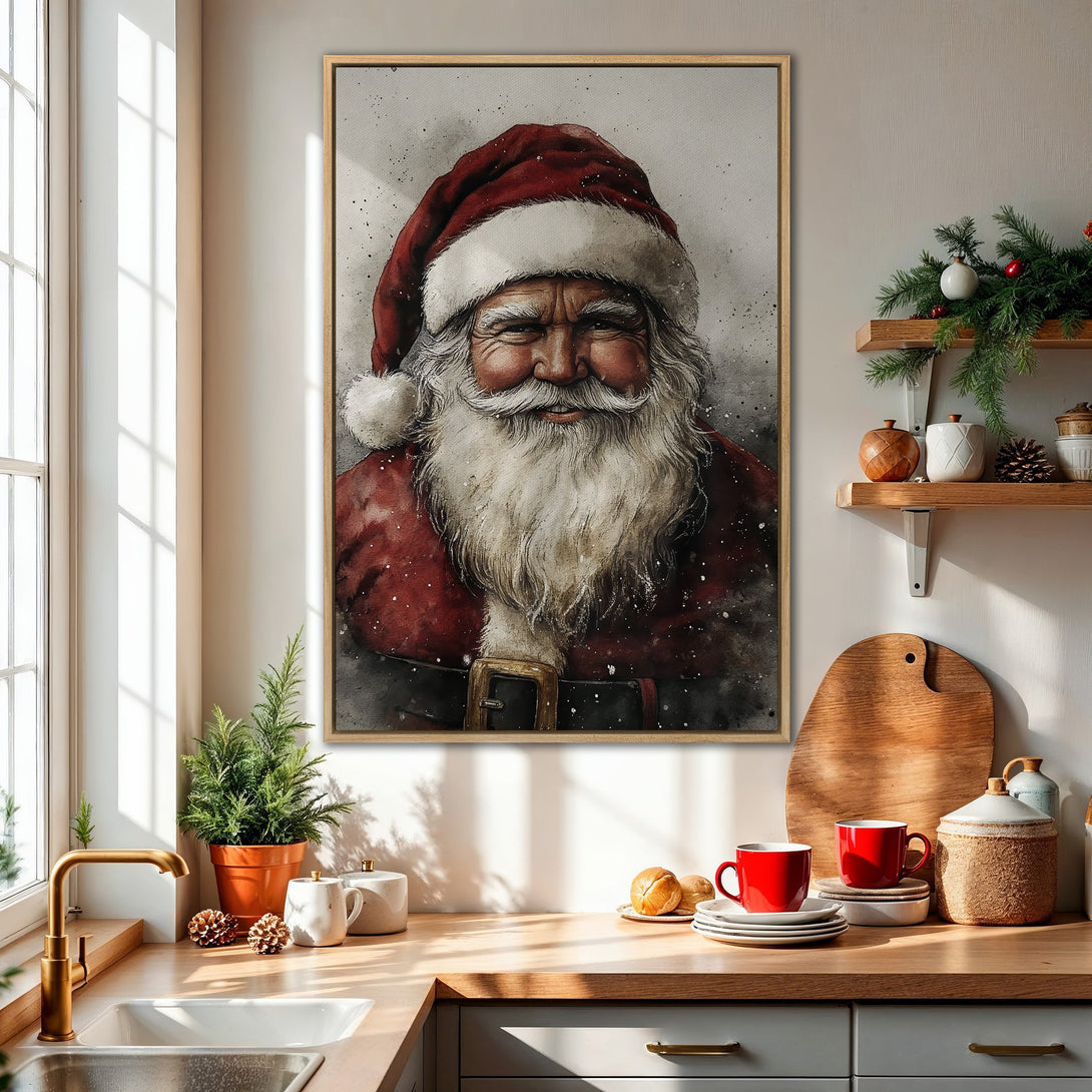 Framed Wall Art of Santa Claus in watercolor style. Festive red, white, and gray color palette. Perfect Christmas decor for your home!