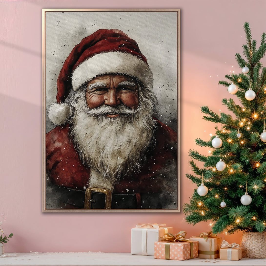 Framed Wall Art: Watercolor Santa Claus portrait in red and white, displayed in a festive interior with Christmas tree and gifts. Warm, inviting color palette.
