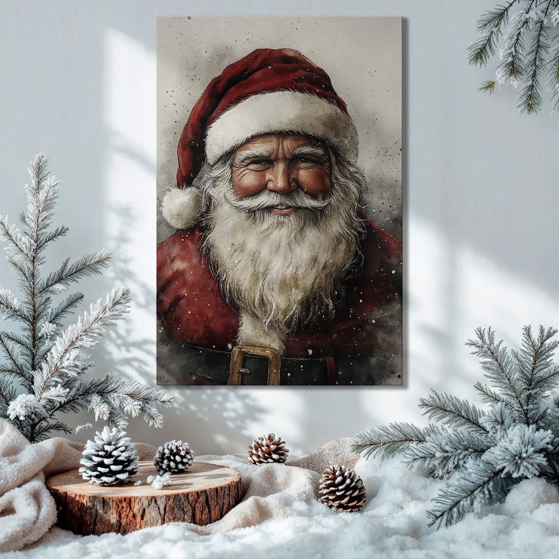 Framed Wall Art: Watercolor Santa Claus portrait in a festive interior with Christmas tree, warm red and gold tones. Perfect holiday decor!