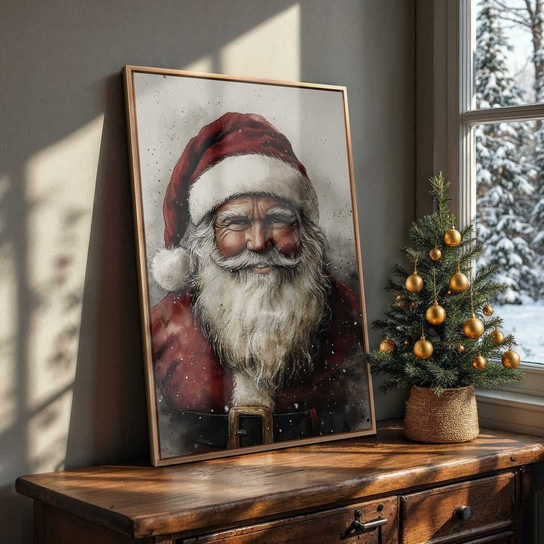 Framed Wall Art: Watercolor Santa Claus portrait in red and white, displayed in a cozy interior. Perfect Christmas decor with a warm, inviting color palette.