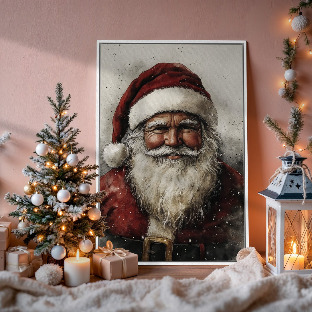 Framed Wall Art featuring Santa Claus watercolor portrait. Festive Christmas decor in red, white, and neutral tones. Perfect holiday gift!