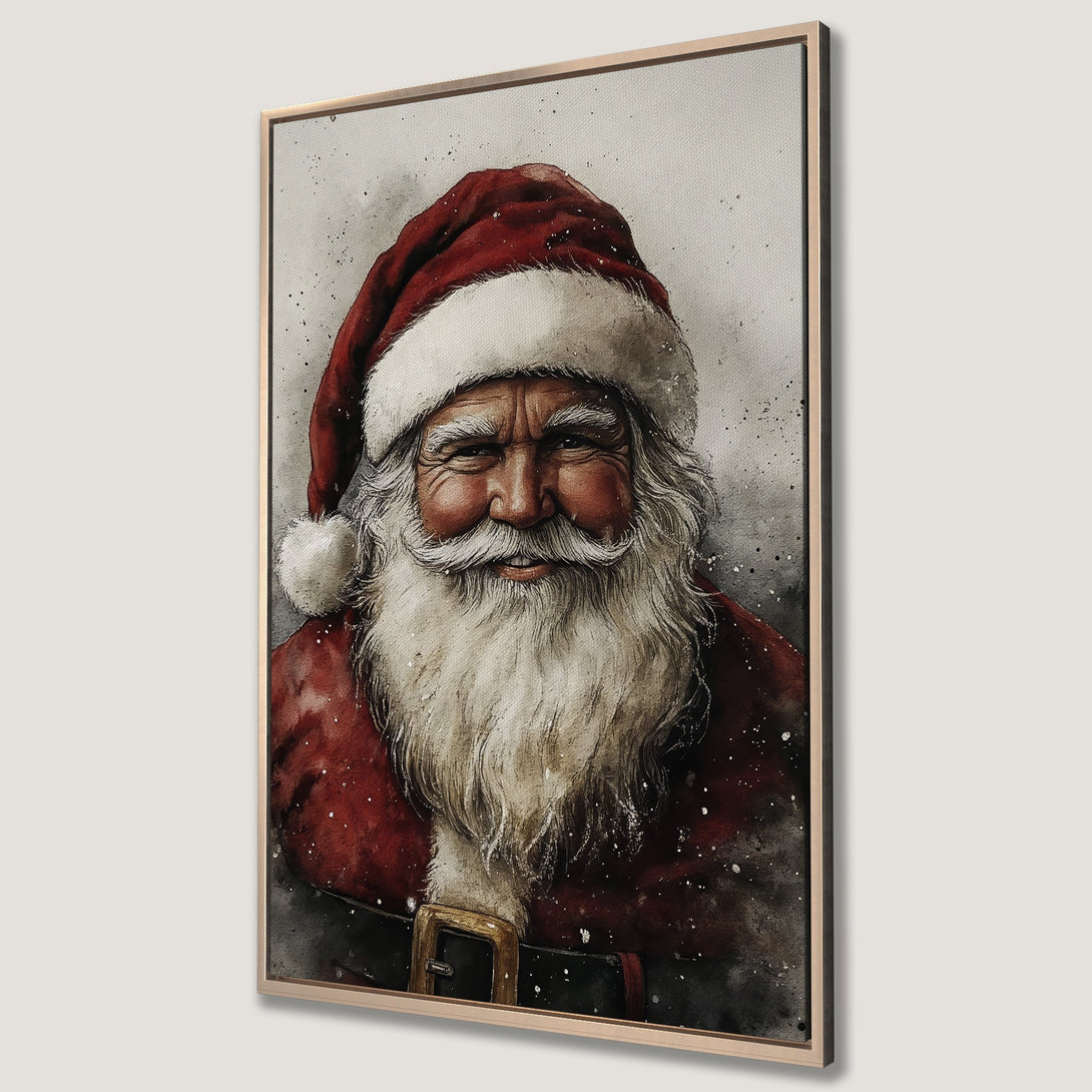 Framed Wall Art featuring Santa Claus in a watercolor style. Festive red and white colors with a neutral background. Perfect Christmas decor!
