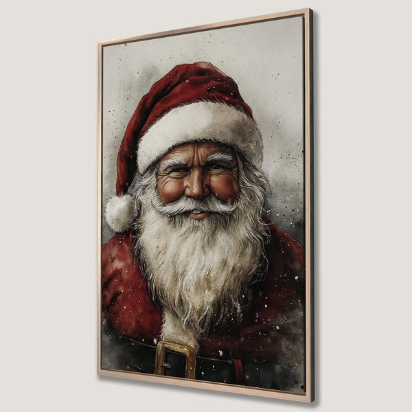 Framed Wall Art featuring Santa Claus in a watercolor style. Festive red and white colors with a neutral background. Perfect Christmas decor!