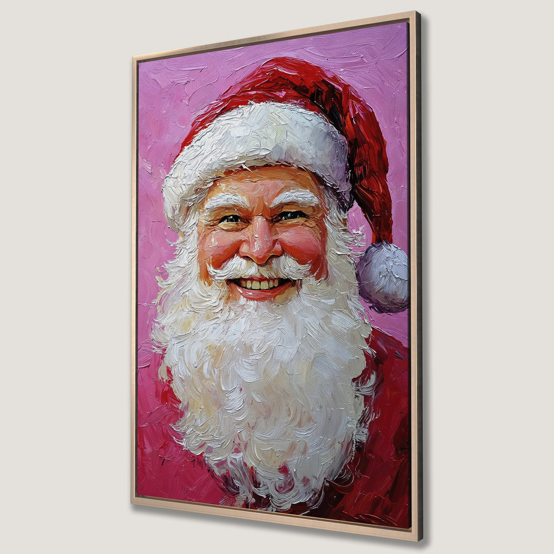 Framed Wall Art of Santa Claus portrait in a textured, impressionistic style. Festive red, pink, and white color palette. Perfect Christmas decor!