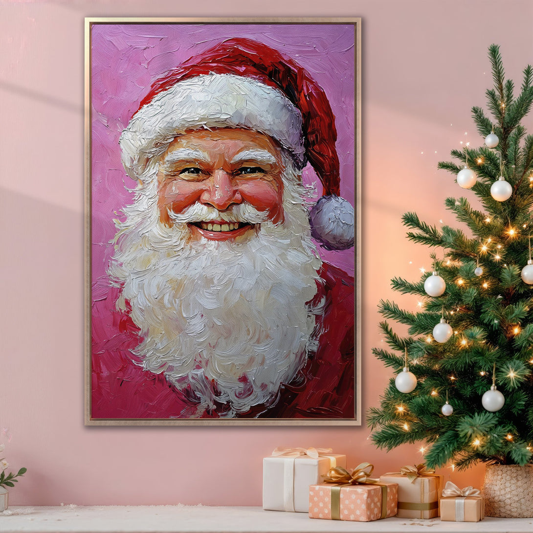 Framed Wall Art of Santa Claus in a vibrant, textured style. Festive red & pink palette perfect for holiday decor. Bring the joy of Christmas home!