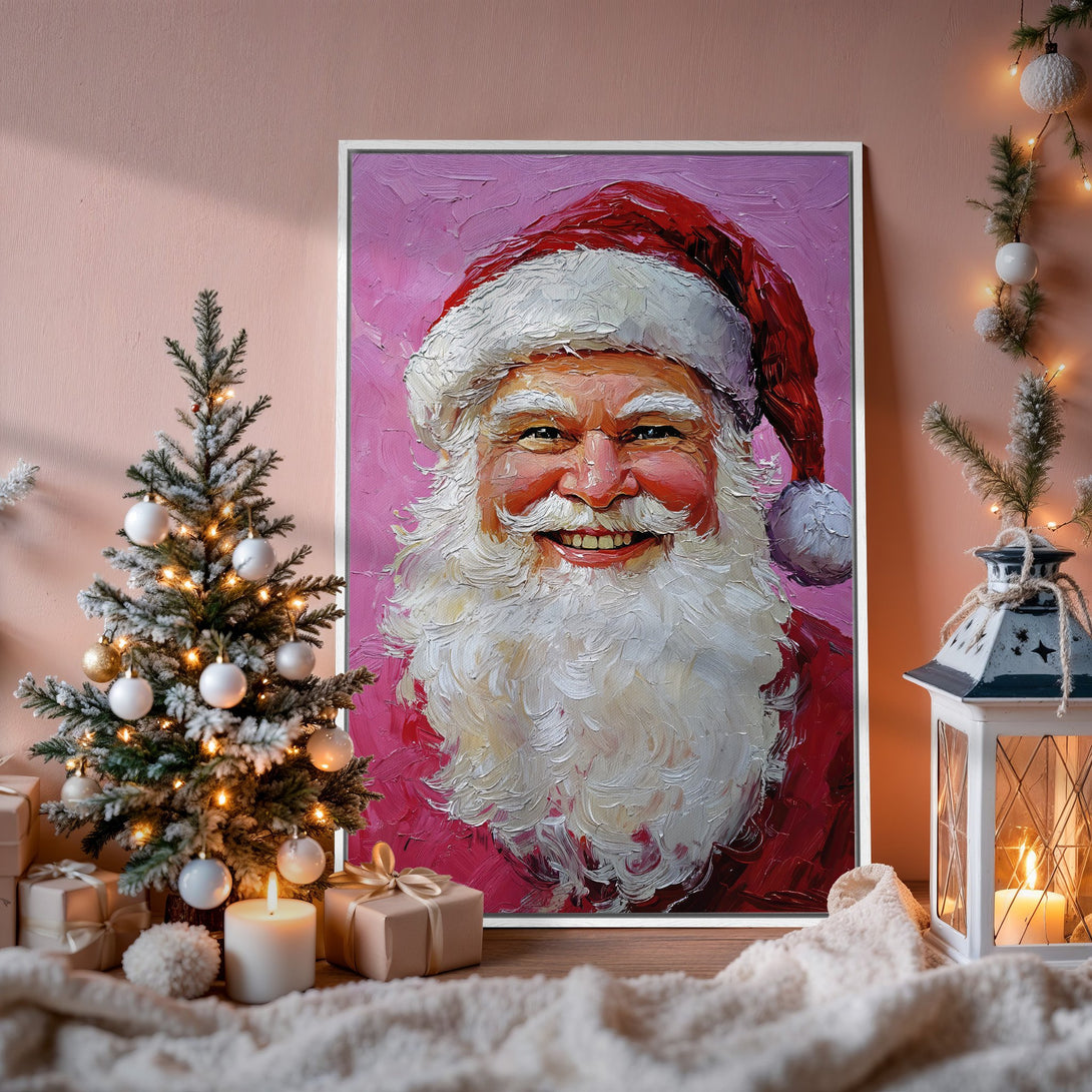 Framed Wall Art: Santa Claus portrait in impasto style, vibrant red and pink palette. Perfect Christmas decor! Add festive cheer to your home with this Canvas Print.