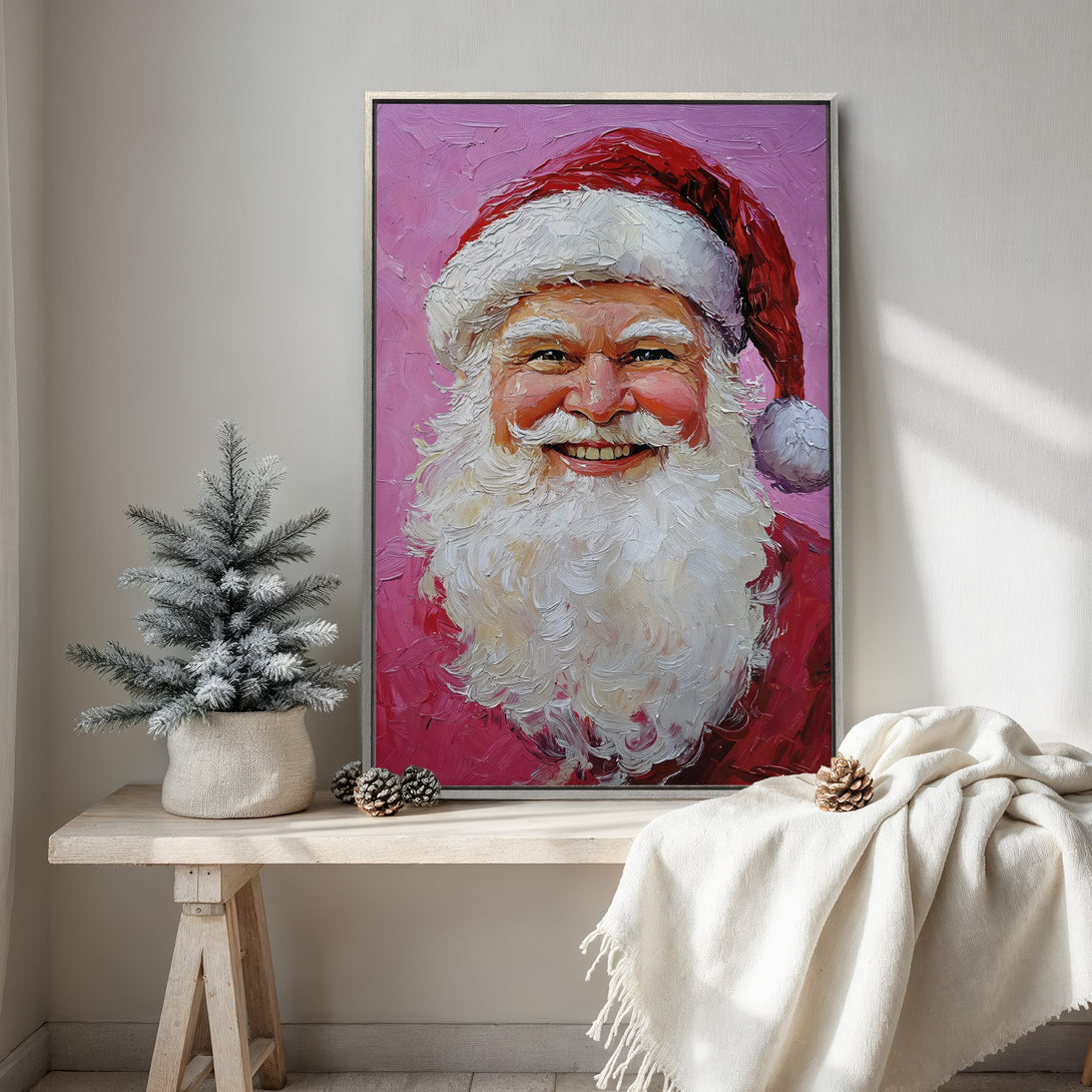 Framed Wall Art: Festive Santa Claus portrait in a vibrant, textured style. Red and pink color palette adds a touch of holiday cheer to any space.