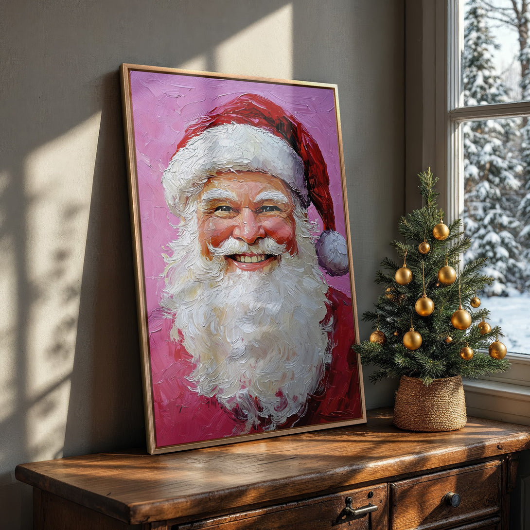 Framed Wall Art featuring Santa Claus in a vibrant, painterly style with a pink and red color palette, adding festive cheer to any space.
