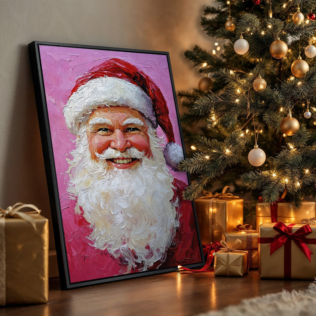 Framed Wall Art: Santa Claus portrait in a vibrant, impasto style with a pink background. Festive Christmas decor with golden accents and warm colors.