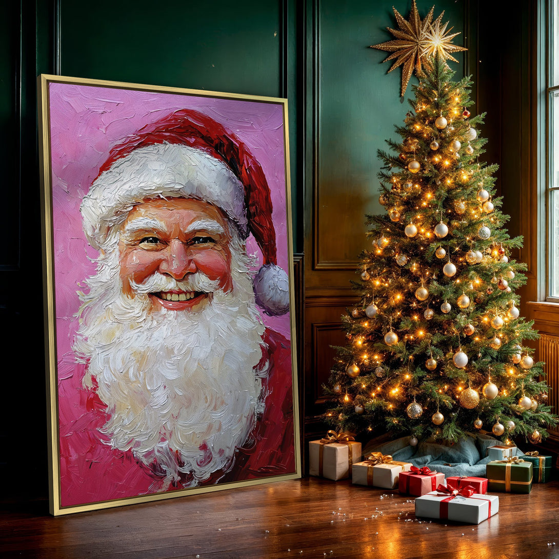 Canvas Print of Santa Claus portrait in impasto style, featuring festive red and pink hues, perfect Christmas decor.