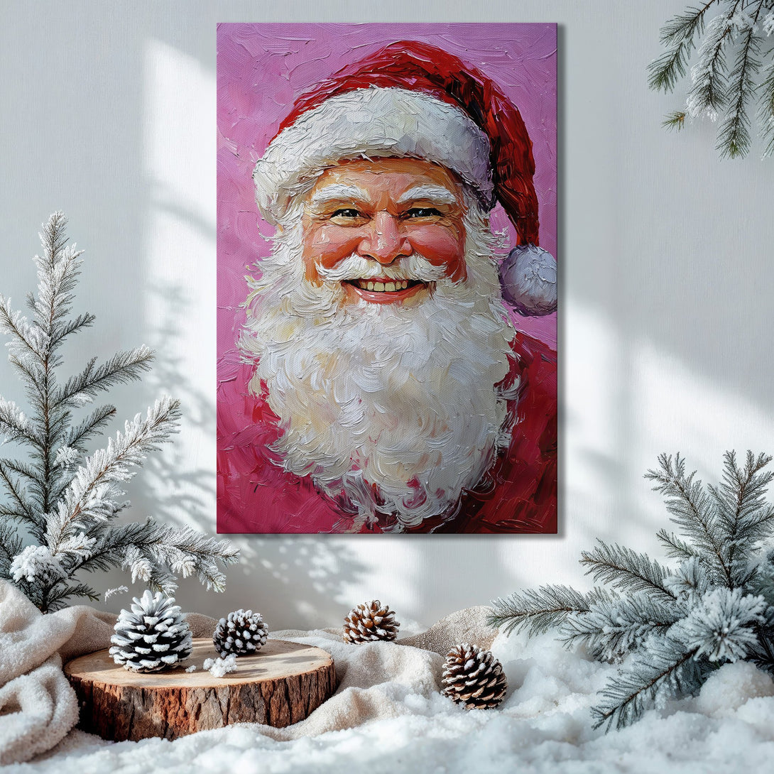 Framed Wall Art: Smiling Santa Claus oil painting with a pink background, warm red & white palette. Perfect Christmas decor!