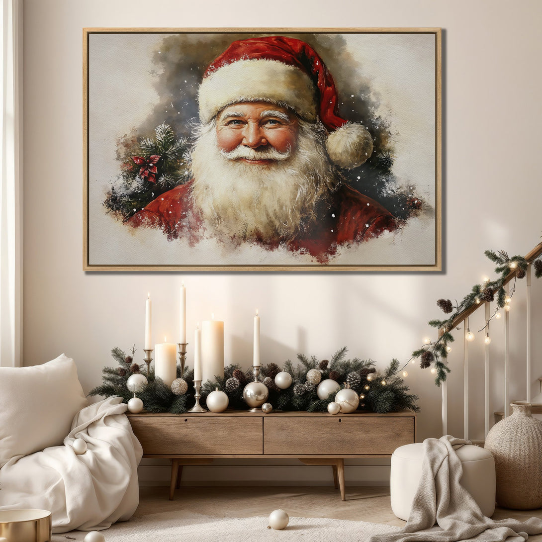 Framed Wall Art of Santa Claus in a watercolor style. Festive red & white color palette. Perfect Christmas decor for a cozy interior.