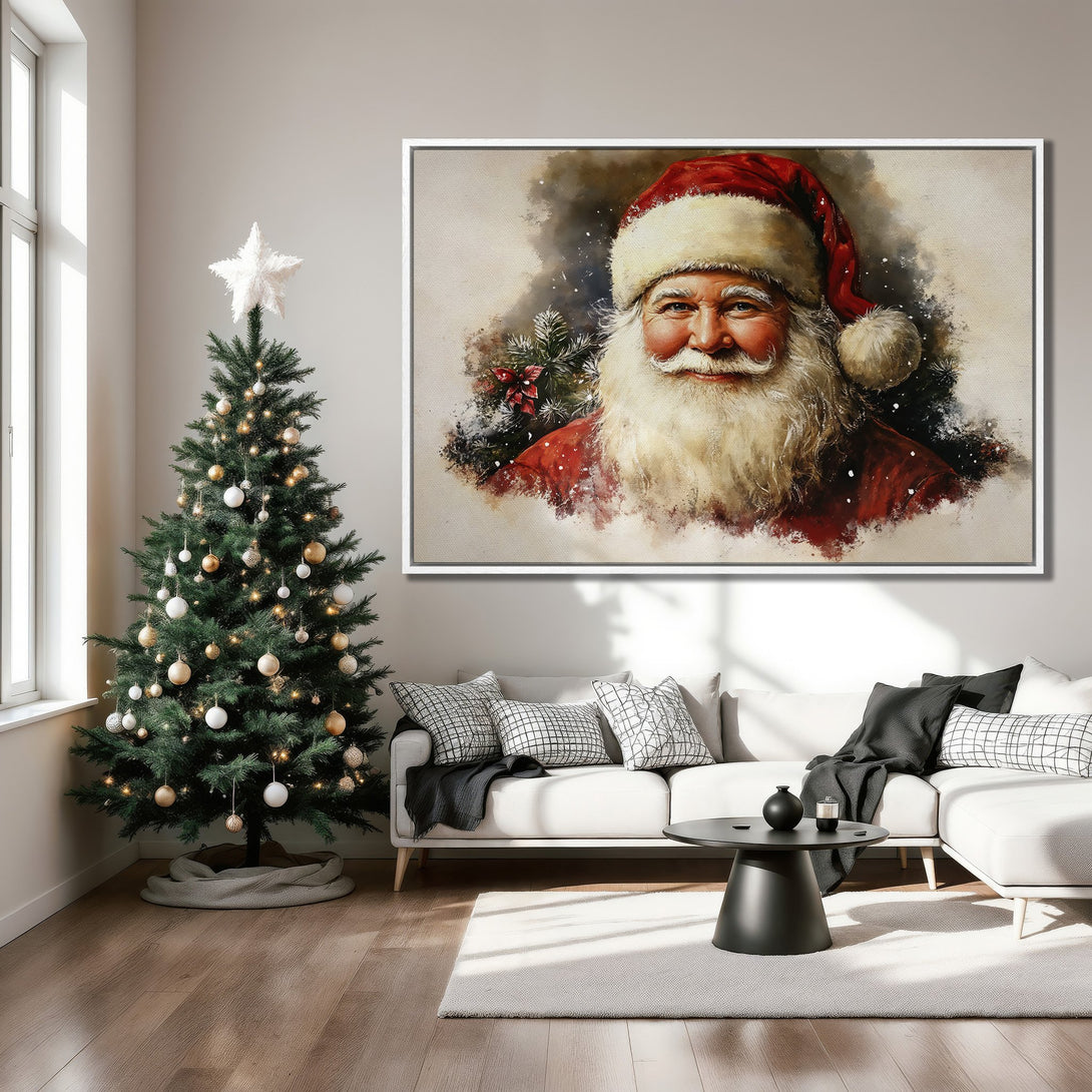 Framed Wall Art: Watercolor Santa Claus portrait in red and beige tones, displayed in a cozy living room setting. Perfect Christmas decor!
