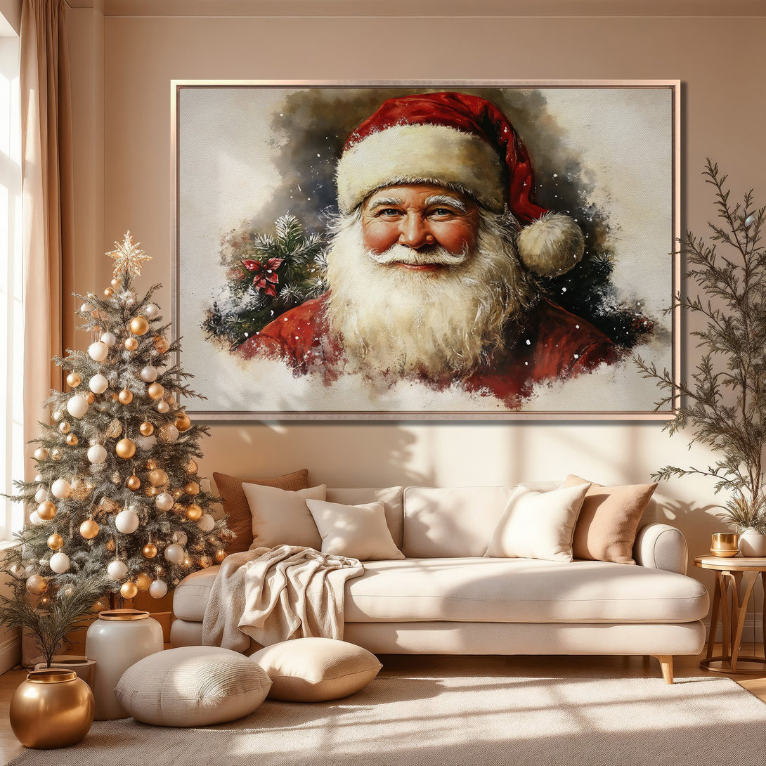 Framed Wall Art of Santa Claus in warm colors. Festive Christmas decor, perfect for the holiday season. Add a touch of joy with this Canvas Print!