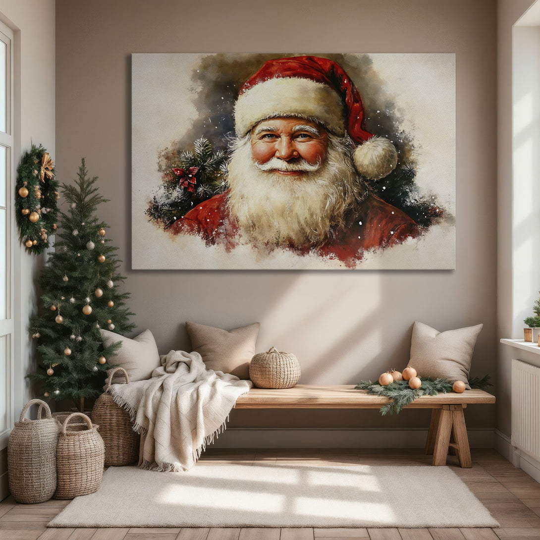 Framed Wall Art of Santa Claus in a watercolor style, with a red and white color palette. Perfect Christmas decor for a cozy living room.
