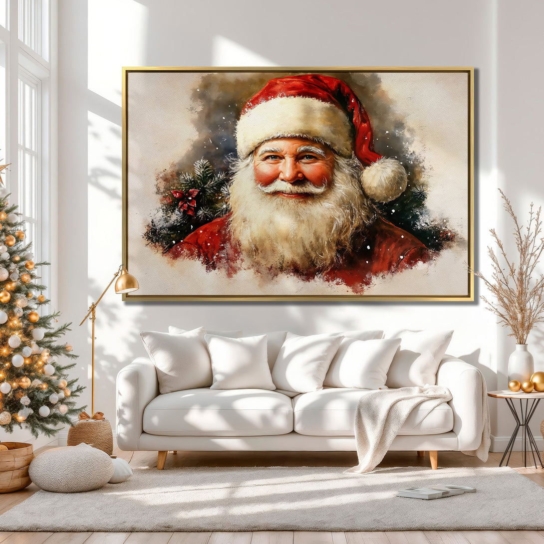 Canvas Print of Santa Claus portrait, warm red & beige tones, perfect for Christmas decor. Watercolor style wall art.