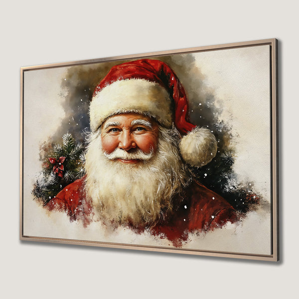 Framed Wall Art: Santa Claus portrait in watercolor style, featuring red, white, and neutral tones. Perfect Christmas decor for your home!